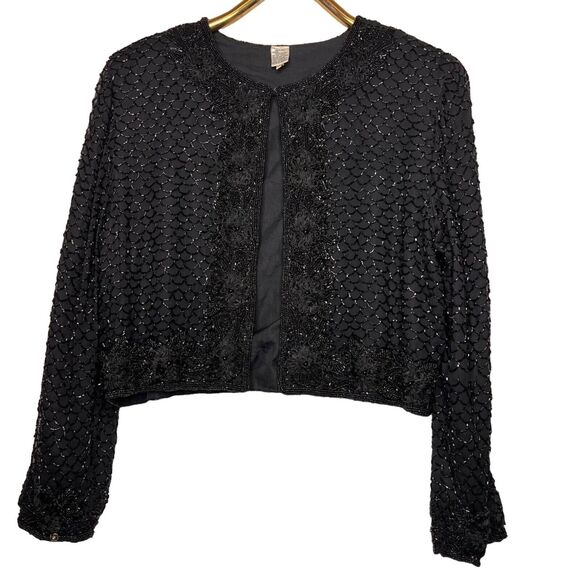 Vintage Size XL Black Ornate Beaded Evening Cardigan Jacket Rockabilly Fishnet - Picture 1 of 15
